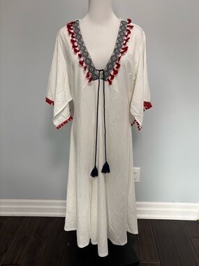Zara White V-Neck Dress with Navy Geometric Trim and Red Tassels